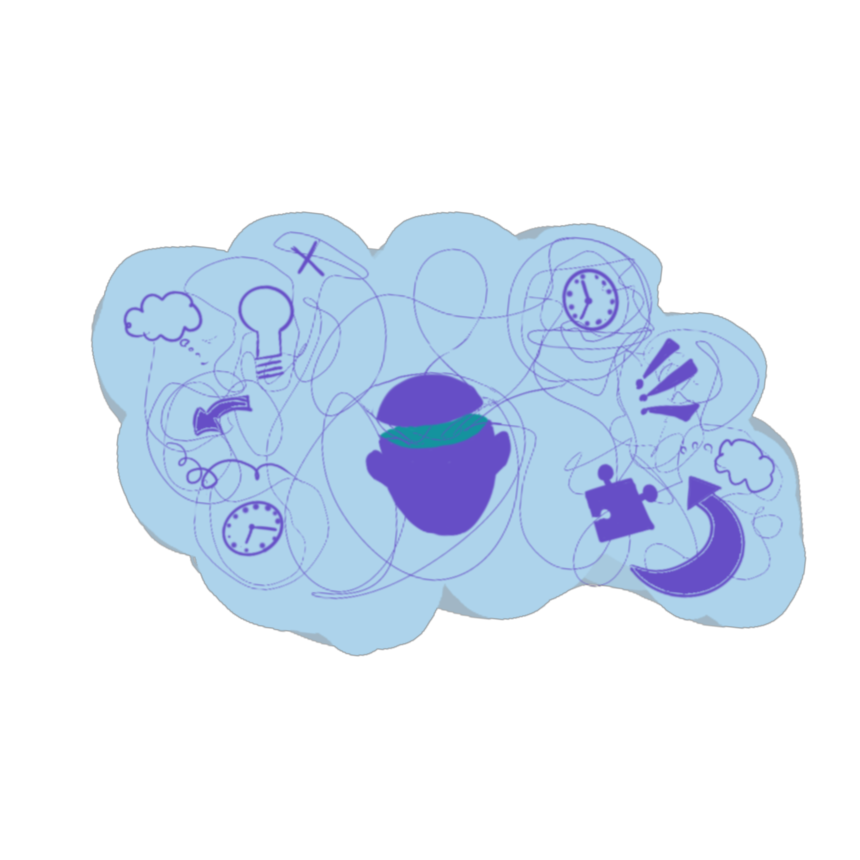 Illustration of various symbols representing ADHD challenges around a central brain, symbolizing the focus of the Godaelli Psychiatric and Mental Health Center on ADHD.